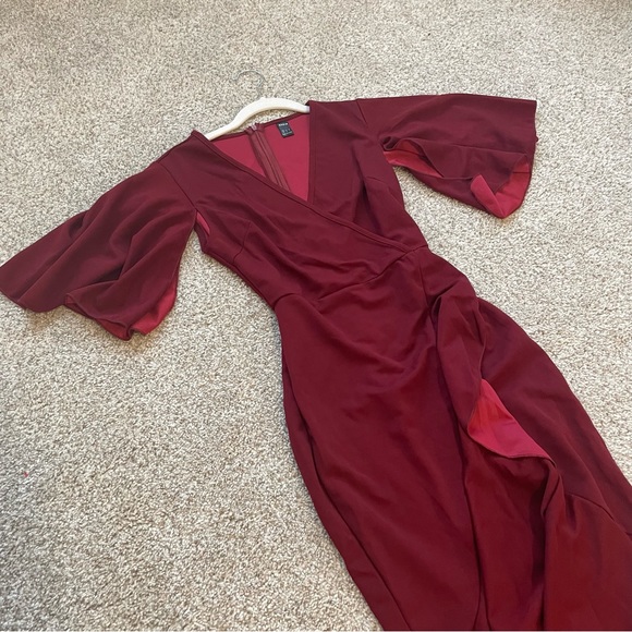 Romwe Semi Formal Wrap Ruffle Trip Maxi Maroon Dress - Picture 4 of 5